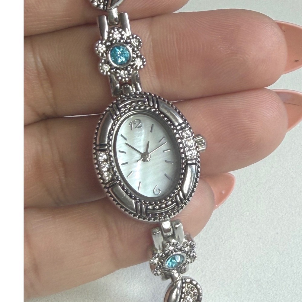 Bezel Silver Tone Mother of Pearl Oval Moonstone & Rhinestone Floral Fits 7.25"